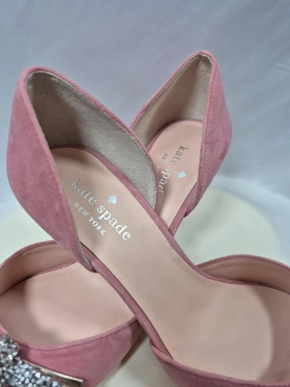 Kate Spade Pink Suede Crystal Bow Peep Toe Heels Size 8